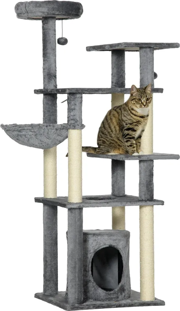 Arbre à chat multiniveaux en sisal et peluche grise - Hauteur 144 cm