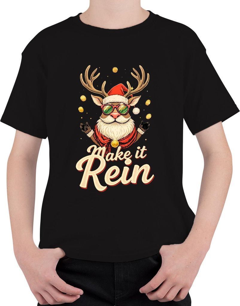 Make it Rein Weihnachtsrentier Sonnenbrille Bart lustig Retro Uni Kinder T-Shirt, Schwarz, 140