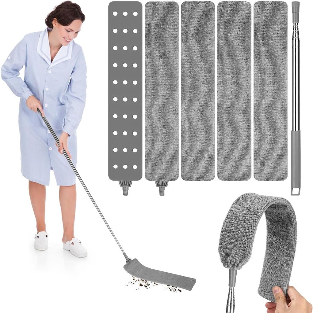 Ausziehbares Staubreinigungsgerät, flacher Staubreiniger mit Teleskopstange aus Edelstahl und 4 waschbaren Tüchern für unter Sofa, Schrank, Bett
