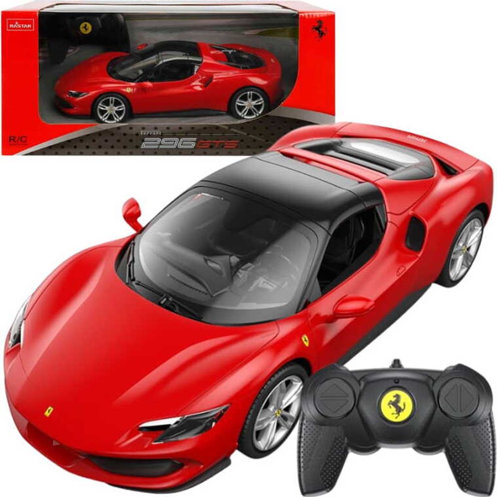 A red Rastar Ferrari 296 GTS remote-controlled car is shown with its remote control and packaging.