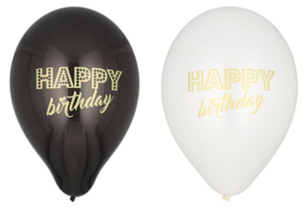 6 Luftballons Ø 25 cm schwarz/weiss "Happy Birthday"