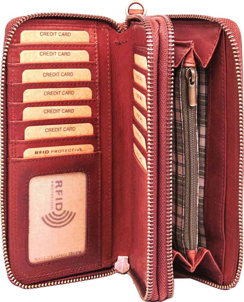Benthill Damen Geldbörse Groß Leder RFID - Portemonnaie aus echtem Rindsleder - Geldtasche mit Doppeltem Reißverschluss - Geldbeutel mit vielen ...