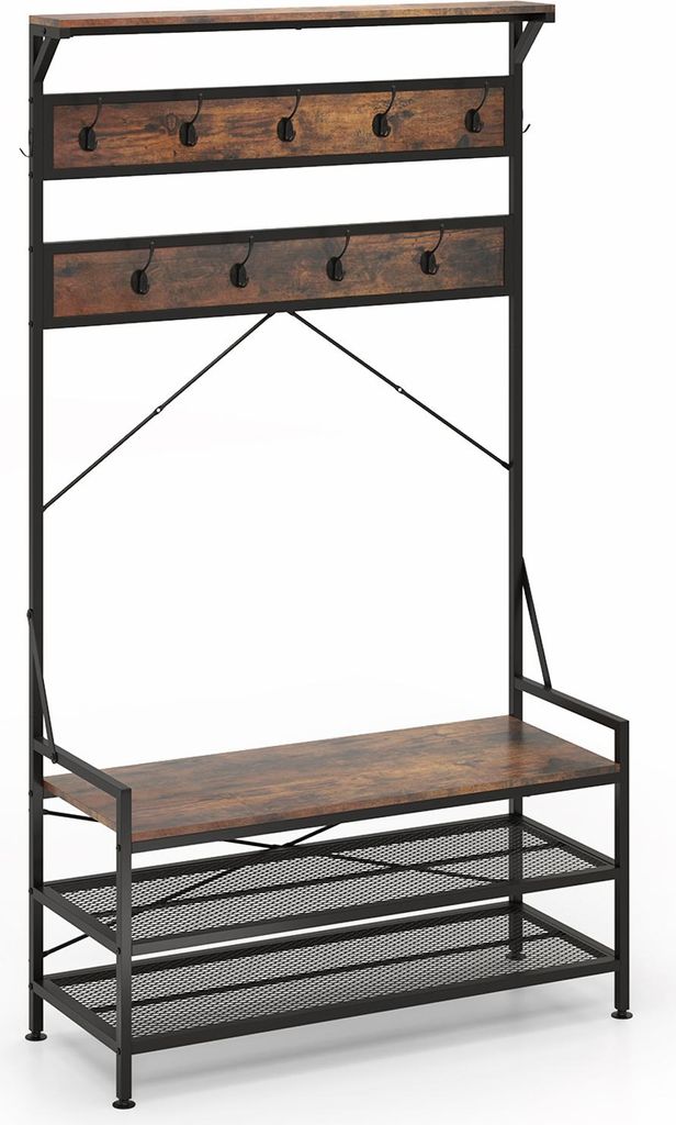 GOPLUS Garderobenständer mit Sitzbank, Kleiderständer mit 9 Haken und Schuhregal, Garderobe Flurregal für Flur, Vintagebraun,102 x 40 x 184 cm