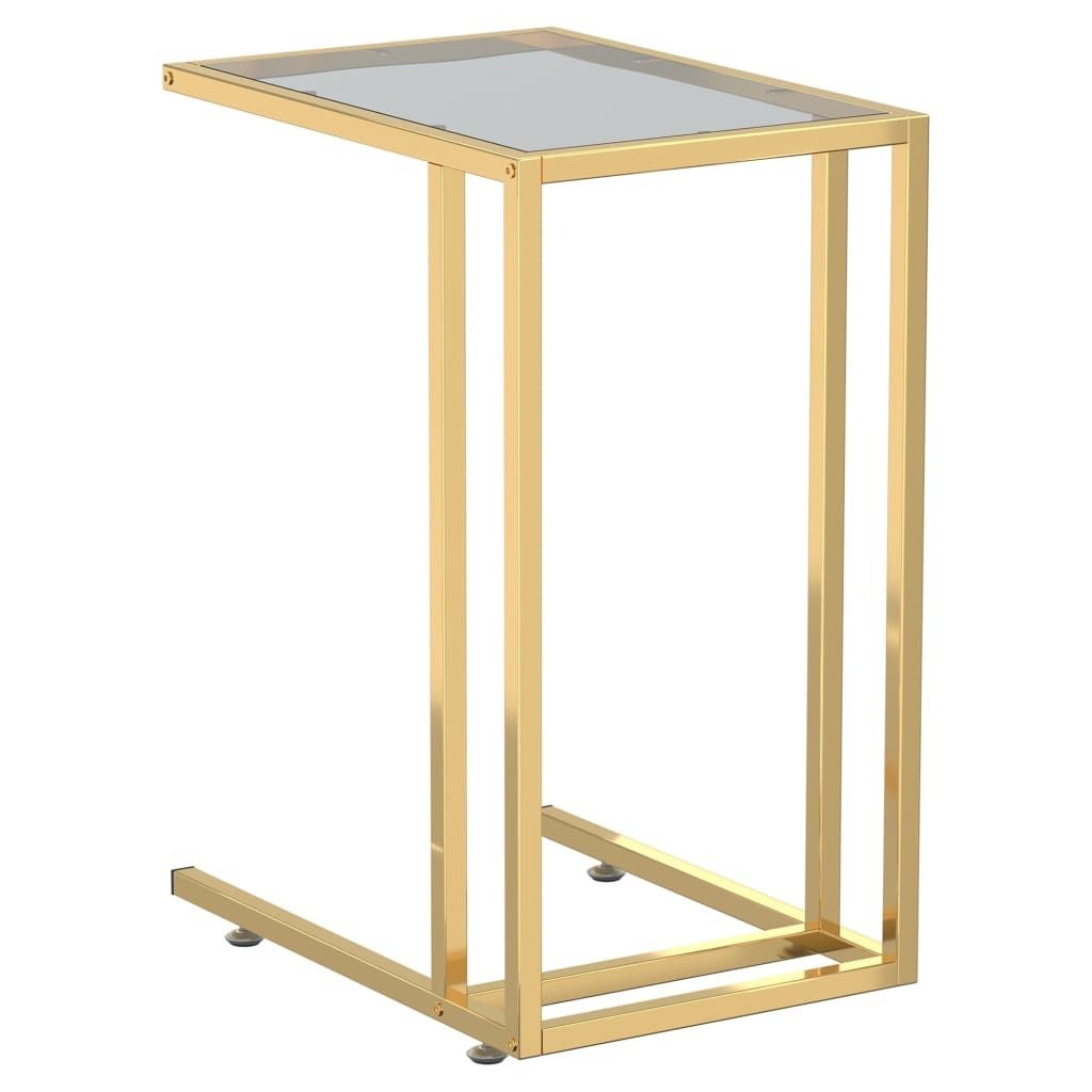 A C-shaped side table with a glass top and a gold metal frame.