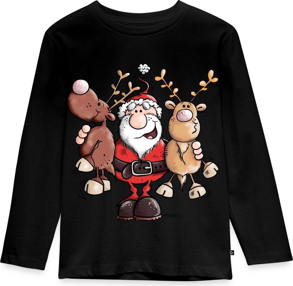 Spreadshirt Fröhlicher Weihnachtsmann Mit Rentieren Cartoon Stil Kinder Premium Langarmshirt, 98/104 (2 Jahre), Schwarz