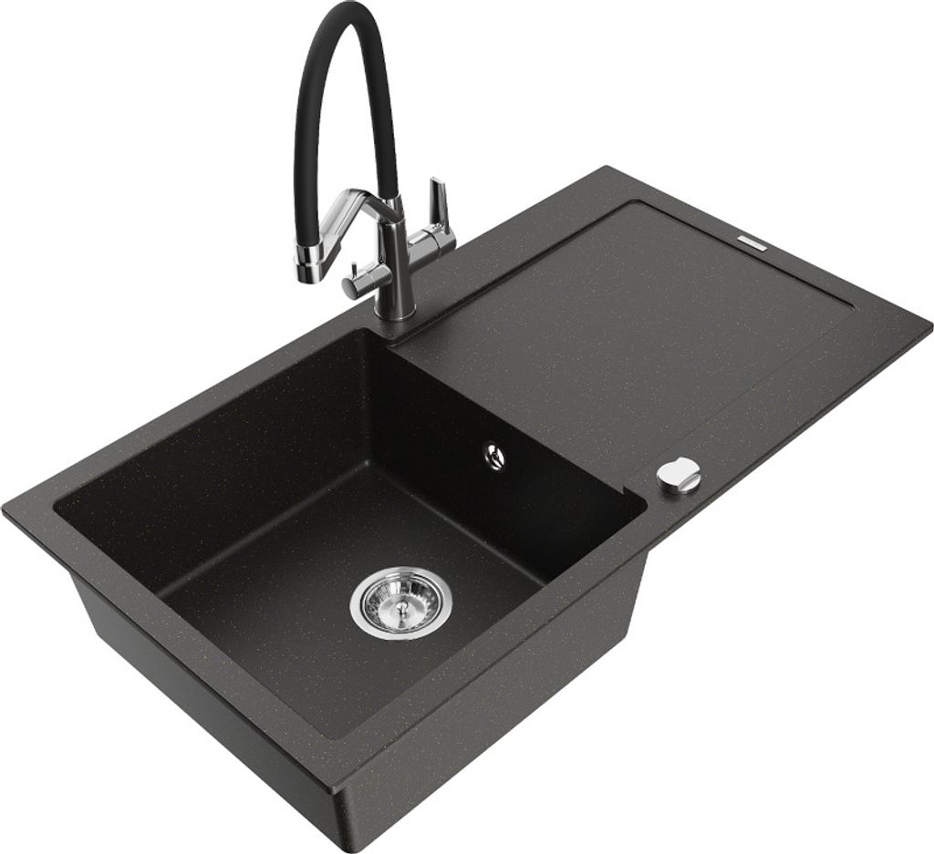 Mexen Leo 1 Becken-Granitspüle mit Abtropffläche und Mischbatterie Duo, Schwarz/Gold metallisch - 6501-75-671701-07