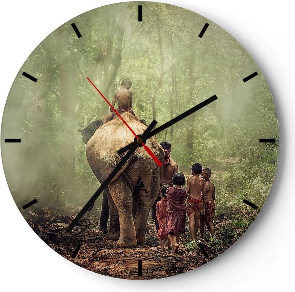 Wanduhr - Rund - Glasuhr - Elefant Dschungel Nebel - 30x30cm - Schleichendes Uhrwerk - Lautlos - zum Aufhängen bereit - Dekoration Modern - Wandde...