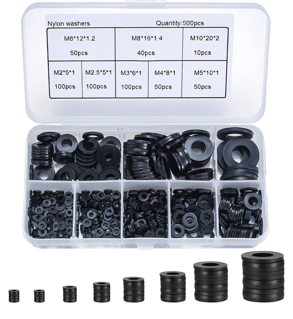 500 schwarze Flachringe, Nylonringe, mechanische Ringe für industrielle Montageköpfe – M2/M2,5/M3/M4/M5/M6/M8/M10