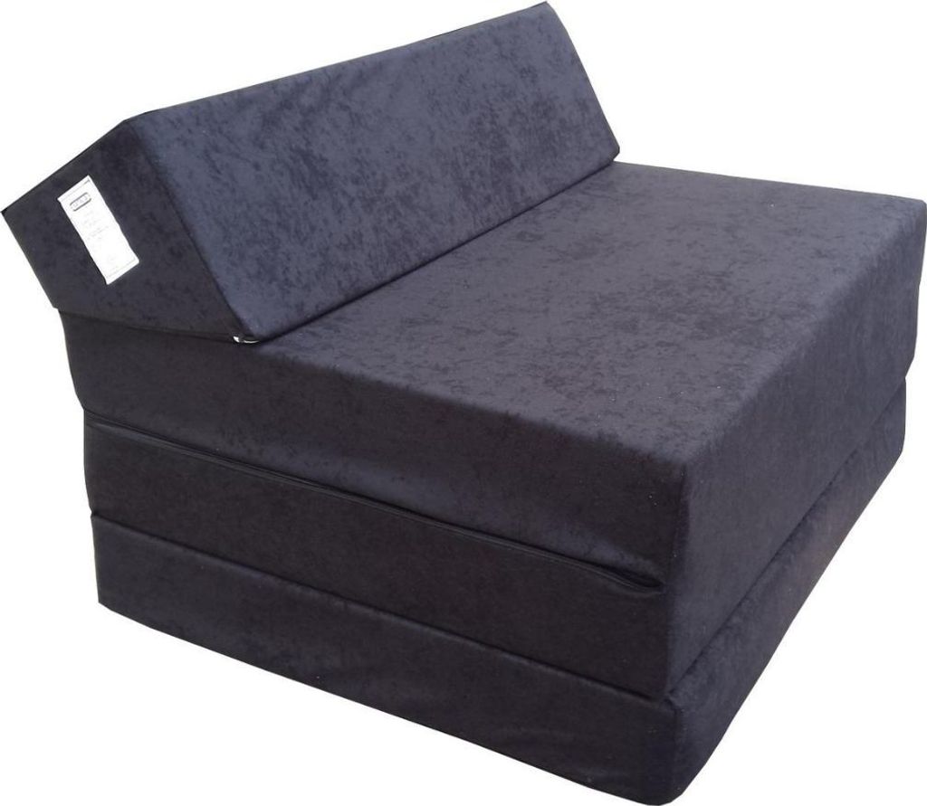 A dark gray foldable mattress/chair in a folded position.