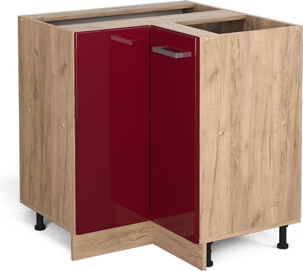 Vicco Eckunterschrank R-Line, 75.6 cm AP Marmor, Rot Hochglanz/Goldkraft Eiche