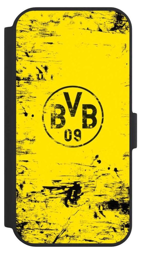 NIVOCASE Klapphülle für Apple iPhone 15 Handyhülle aus Kunst Leder NIVOflip schwarz BVB Borussia Dortmund Offizielles Lizenzprodukt