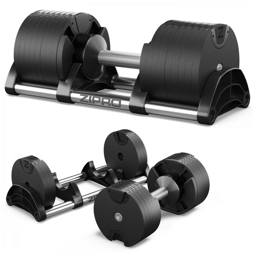 A set of adjustable dumbbells on a stand and a single dumbbell.