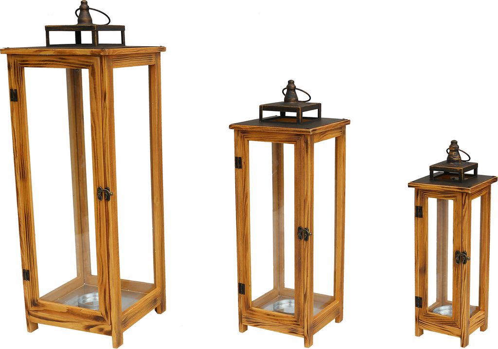 Three wooden lanterns of varying sizes are displayed against a white background.
