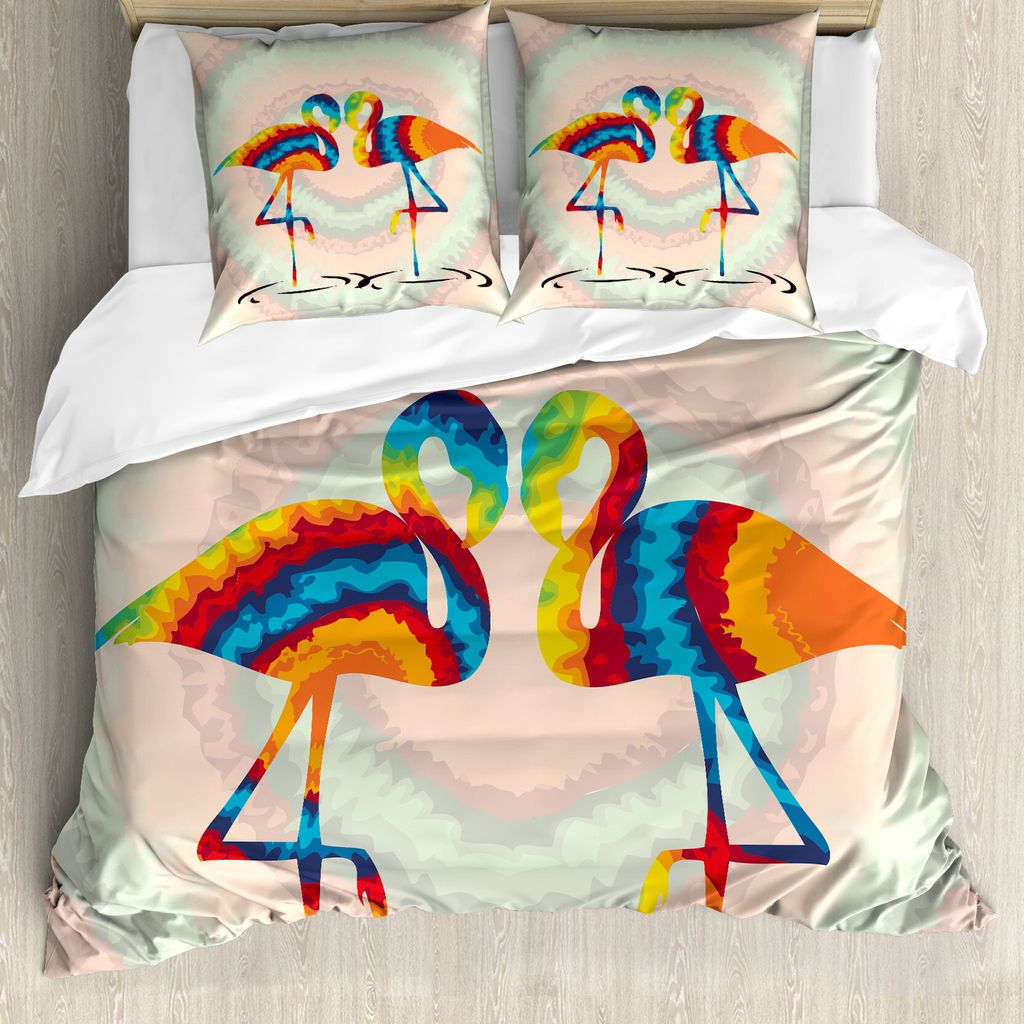 ABAKUHAUS Flamingo Bettbezugs Set Für Doppelbetten, Retro Valentinsgruß Vögel, Milbensicher Allergiker geeignet mit Kissenbezügen, Mehrfarbig
