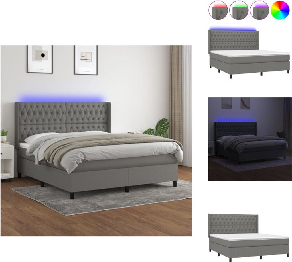 vidaXL Boxspringbett mit Matratze & LED Dunkelgrau 160x200 cm Stoff - Betten & Bettgestelle