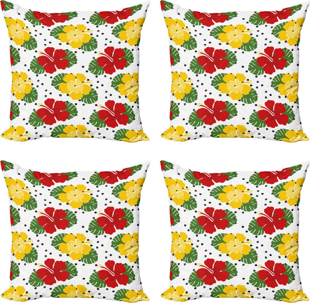 ABAKUHAUS Tropisch Kissenbezug Set (4 Stück), Grunge-Punkte und Hibiscus, Moderner Doppelseitiger Digitaldruck, 50 cm x 50 cm, weiß Multicolor