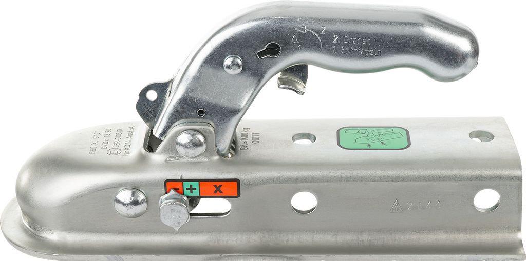 A close-up, studio shot of a trailer hitch coupling mechanism.