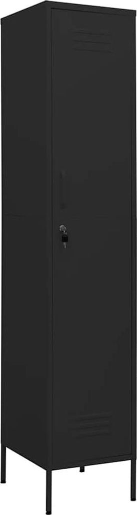 A black metal locker is shown against a white background.