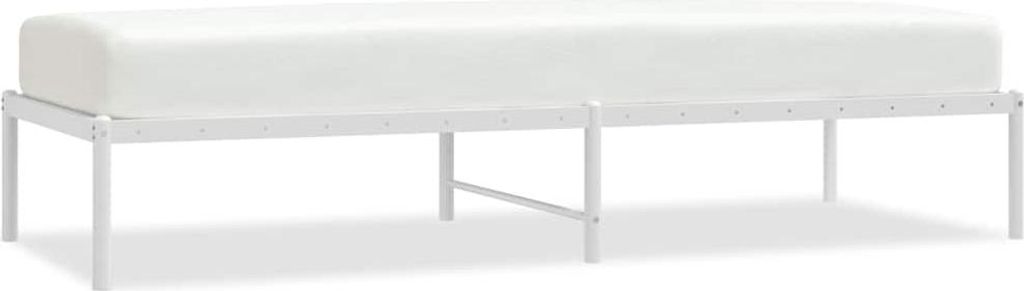 A white metal bed frame with a white mattress on top, shown from a side angle against a white background.