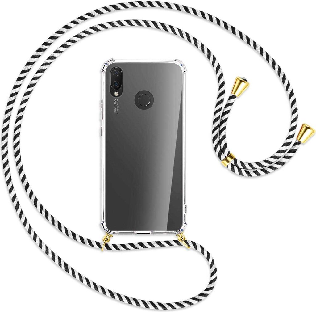 Handykette Backcover-Schutzhülle mit Band (Metall goldfarben) für Huawei P Smart Plus, nova 3 / 3i - schwarz/weiß gestreift