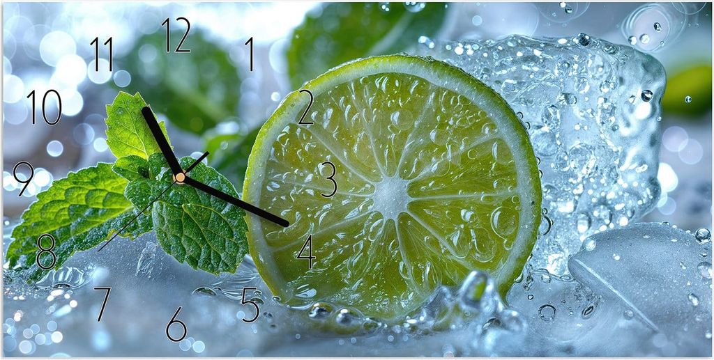 Wanduhr aus Glas mit Motiv Erfrischende Limette- 60 x 30 cm - inkl. Aufhängesystem