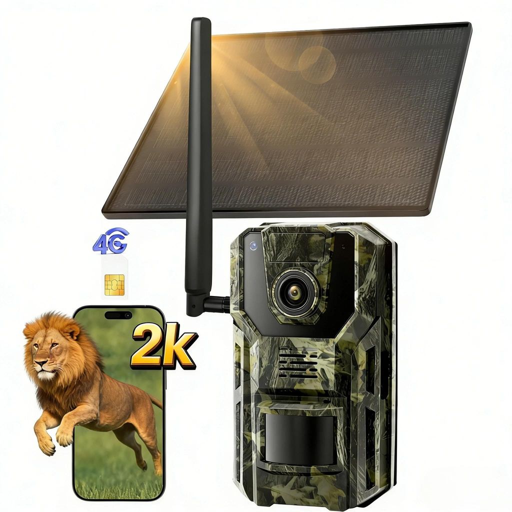 4G LTE Solar Wildkamera mit Handyübertragung App Wildkamera mit SIM Karte 2K Wildkamera Bewegungsmelder Nachtsicht 0,2s Triggerze Wasserdicht GPS