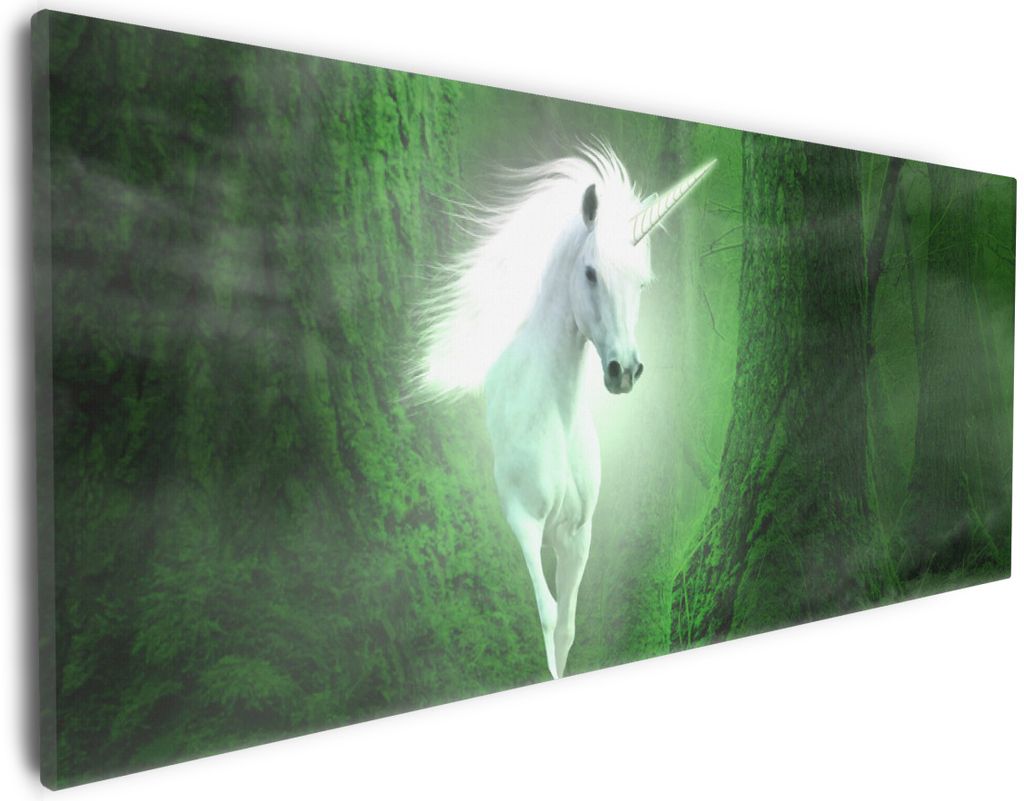 Wallario Premium Leinwandbild Weißes Einhorn im grünen Wald in Größe 30 x 75 cm