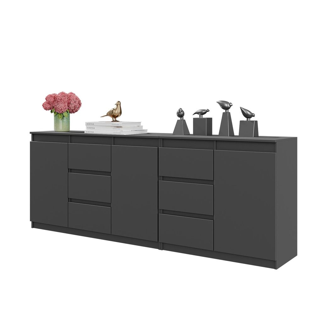 Zweier-Set Kommoden MIKEL – Anthrazit Matt, 6 Schubladen, 3 Türen – Moderne Sideboard-Kommode 200 cm für Schlafzimmer & Wohnzimmer