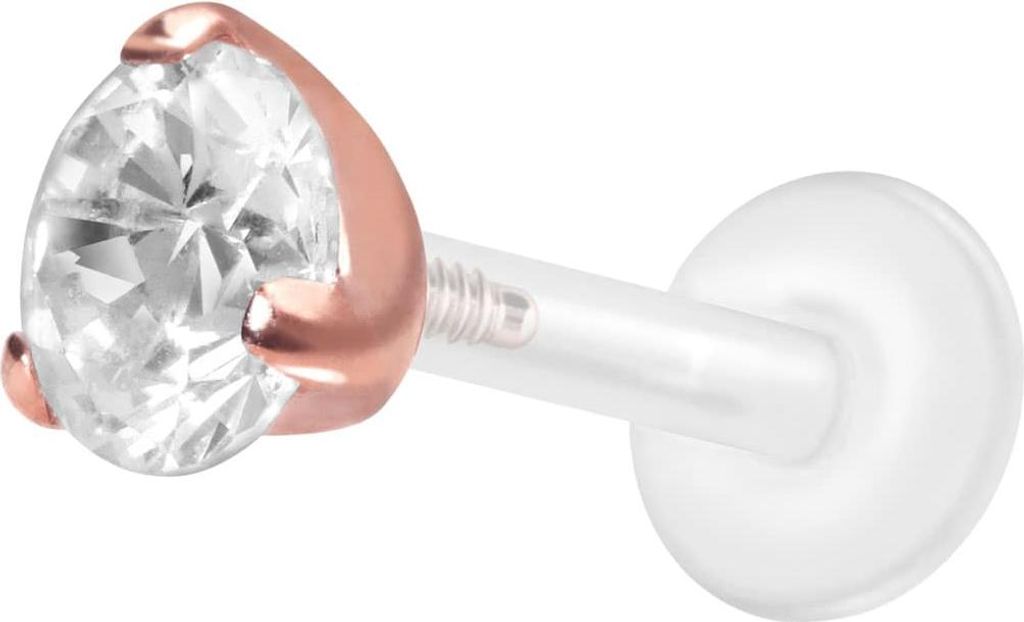 Ohrpiercing, Nasenpiercing PTFE Labret mit Innengewinde + Titan-Aufsatz EINGEFASSTER KRISTALL RoséGold Stablänge: 9mm | Stabstärke: 1,2mm | Kris...