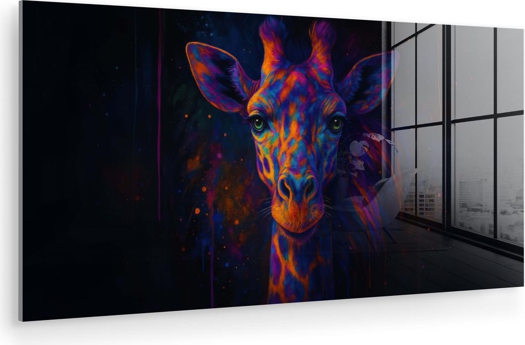 MuchoWow Glasbilder - Bilder auf Wandbild - Foto auf Glas Giraffe - Farbig - Farbspritzer 40x20 cm Wanddekoration aus Glas - Acrylglasbild - Acrylb...