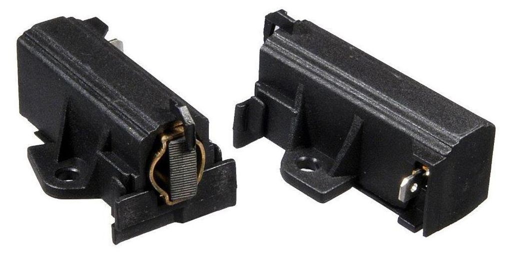 Two black carbon brushes with gold-colored metal parts, presented on a white background.