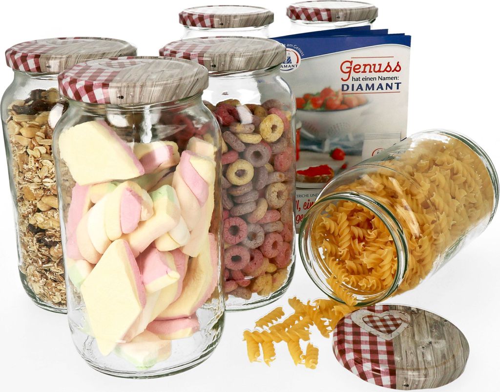 6er Set Einkochgläser 1062ml Rundglas Holz Herz rot Deckel Einmachgläser Marmelade Einweckglas