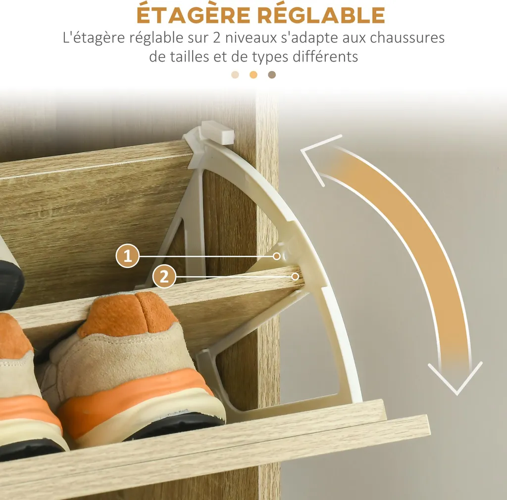 Meuble chaussures grande capacité 3 compartiments en bois de chêne