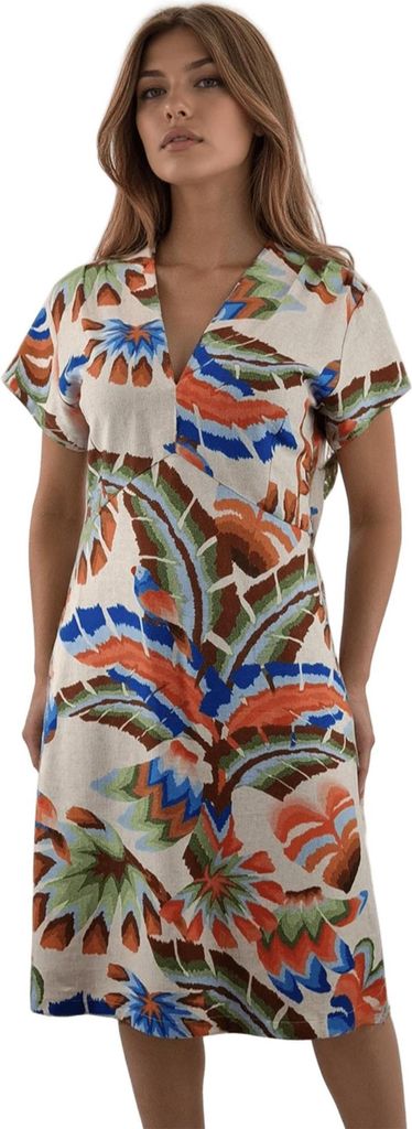 Leinenkleid für Damen mit kurzen Ärmeln und spitzem Ausschnitt. Größe : M
