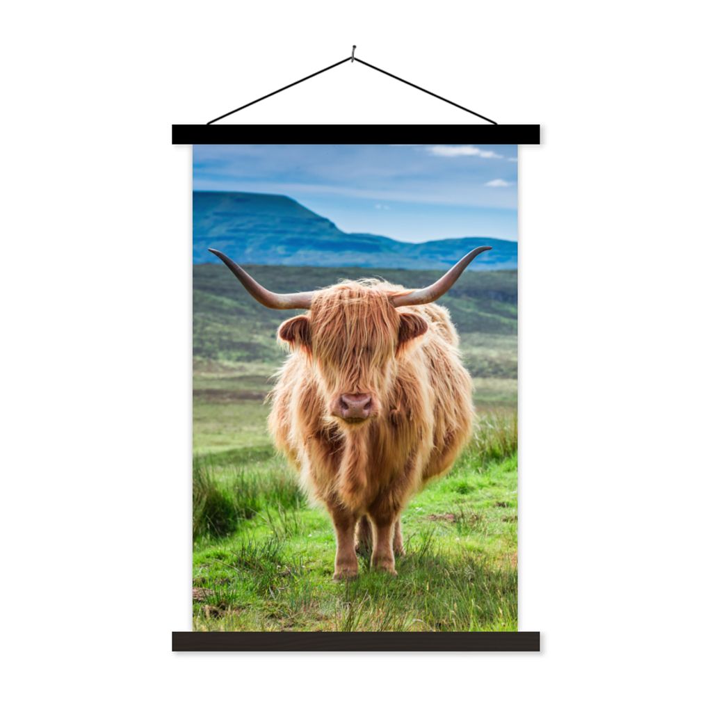 MuchoWow Textilposter Schottischer Hochländer - Kuh - Natur - Berg - Gras 120x180 cm mit schwarzem Rahmen - Fotos