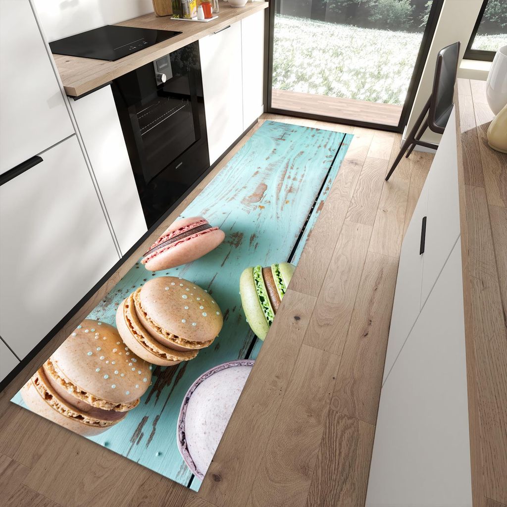 Küchenteppich 80x280cm rutschfest & abwischbar PVC Läufer - Macarons auf Holz