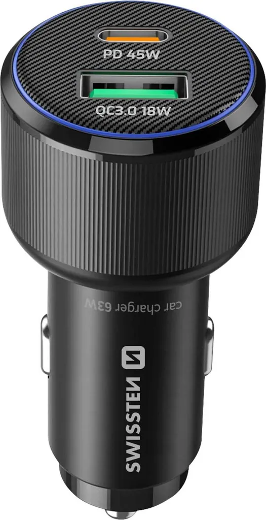 Caricabatterie Auto 63W Swissten: USB-C PD 45W + USB-A QC 18W per Laptop