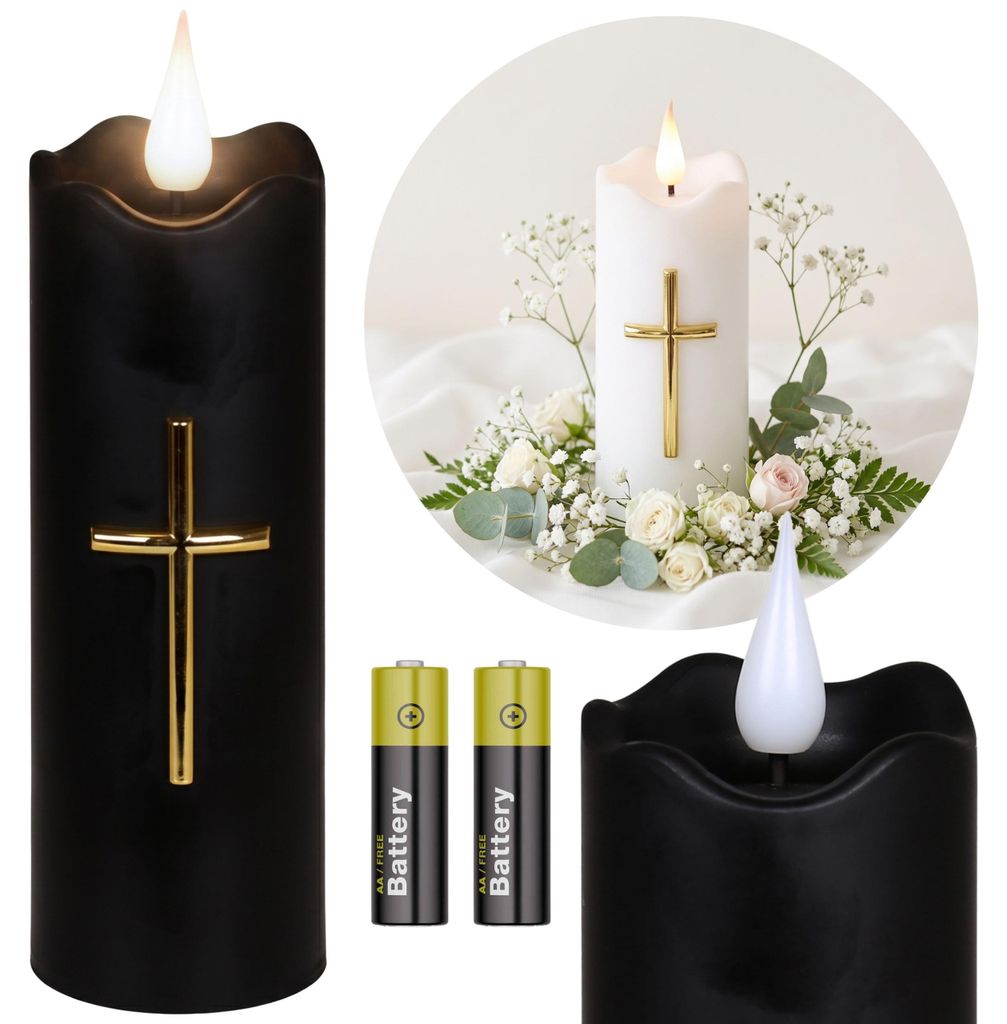 Schwarze LED-Kerze mit Kreuz und Flammeneffekt, Produktbild 