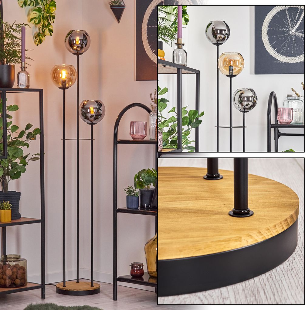 Cesaro Stehlampe aus Metall/Holz/Glas in Schwarz/Natur/Chrom/Rauch/Bernstein
