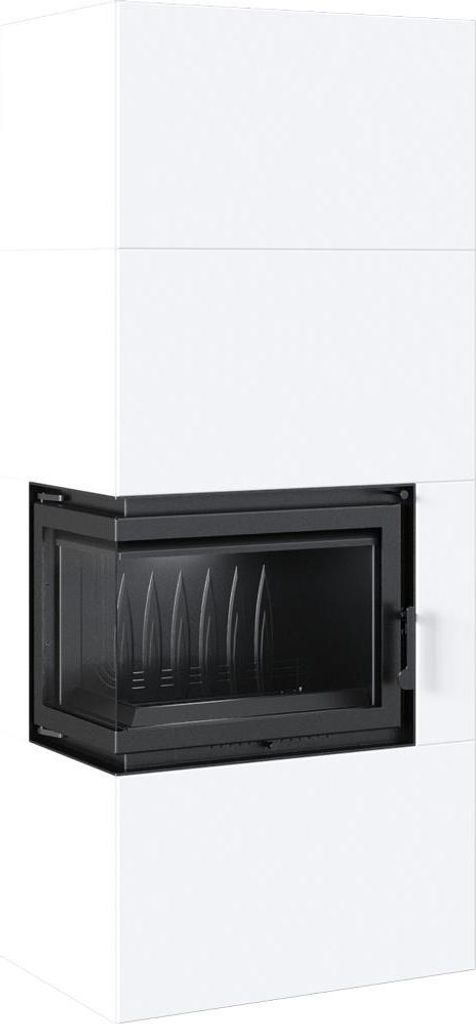 A white fireplace insert with a black glass door.