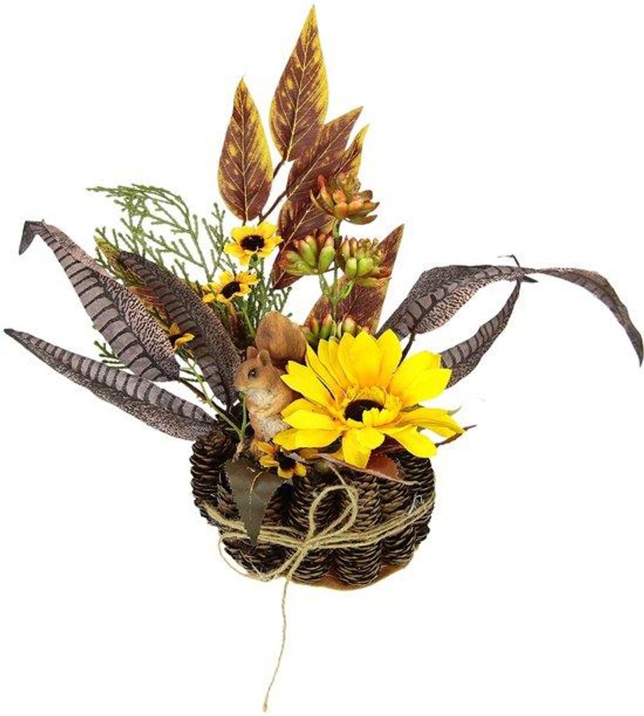 Unyqoos Dekoratives Herbstarrangement mit Kunstsonnenblumen und Eichhörnchen in rustikaler Tannenschale