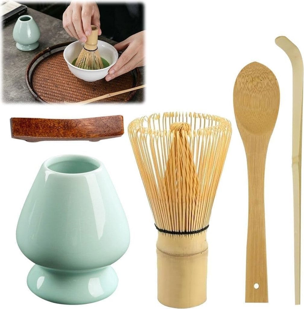 Matcha Teezeremonie Set, 4-teilig, inkl. Matcha-Schneebesen, 2 Matcha-Löffeln, Teebesenhalter, Japanese Matcha Tea Set, Grün