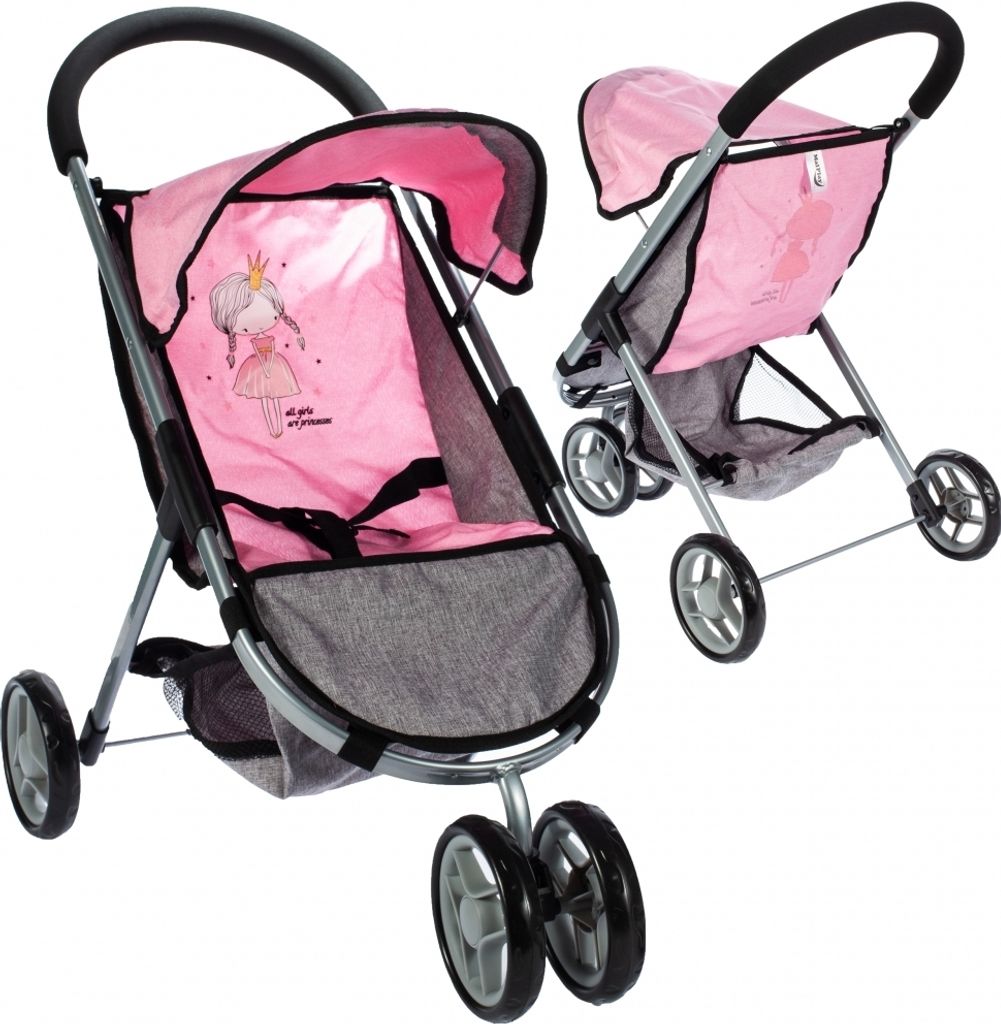 MalPlay Puppenwagen Princess Kinderwagen zusammenklappbar Puppenzubehör mit Einkaufskorb für Puppen bis 65 cm Rosa