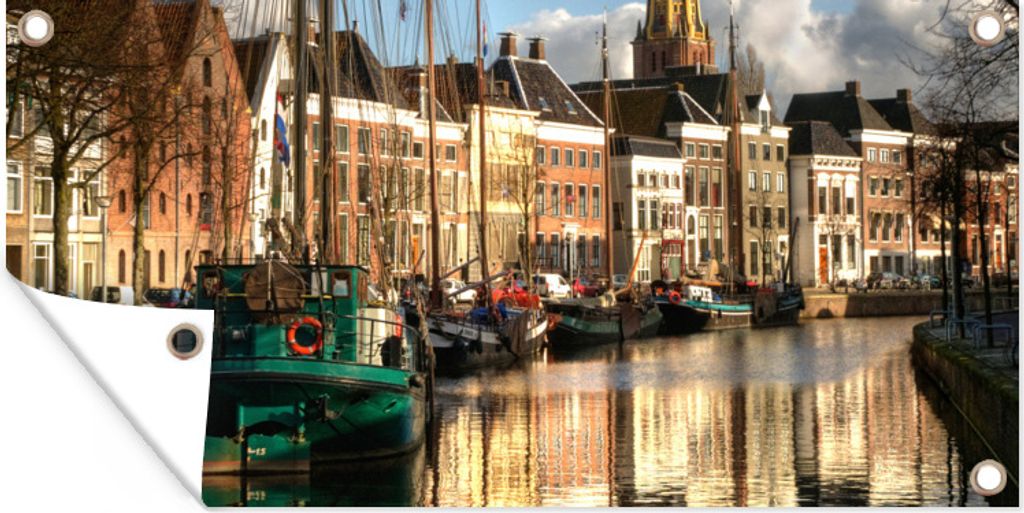 MuchoWow 80x40 cm Outdoor-Poster Gartendeko Sichtschutz Garten Poster für den Garten Groningen - Grachtenhaus - Segelboot
