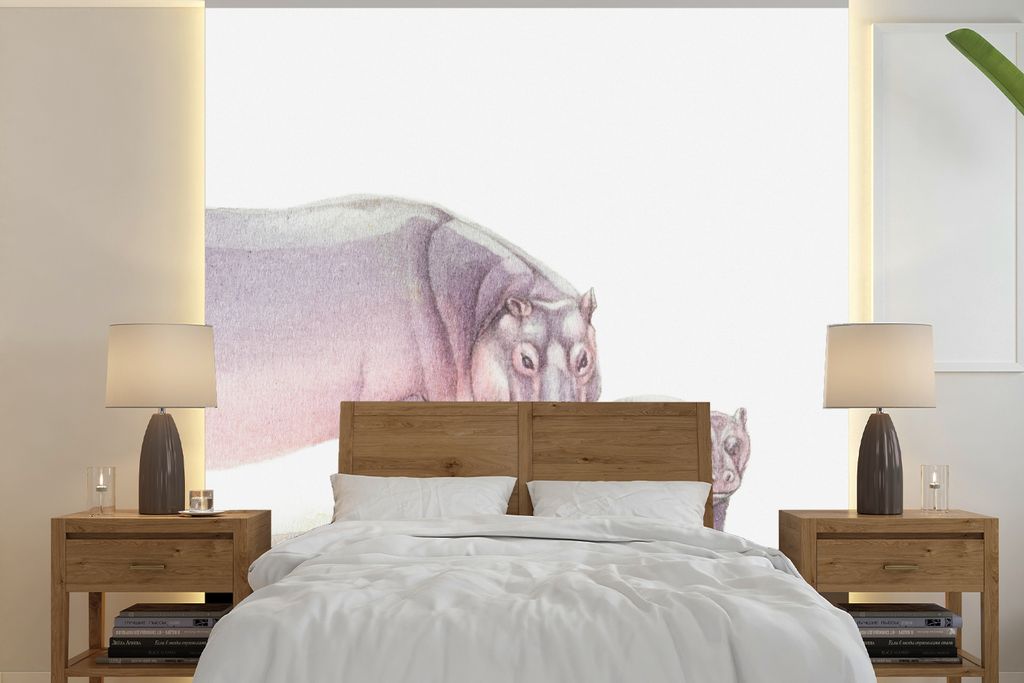 MuchoWow Fototapete für Wohnzimmer oder Schlafzimmer Wandtapete Vinyl Motivtapete Nilpferd - Kalb - Aquarell - 300x300 cm - Wanddekoration