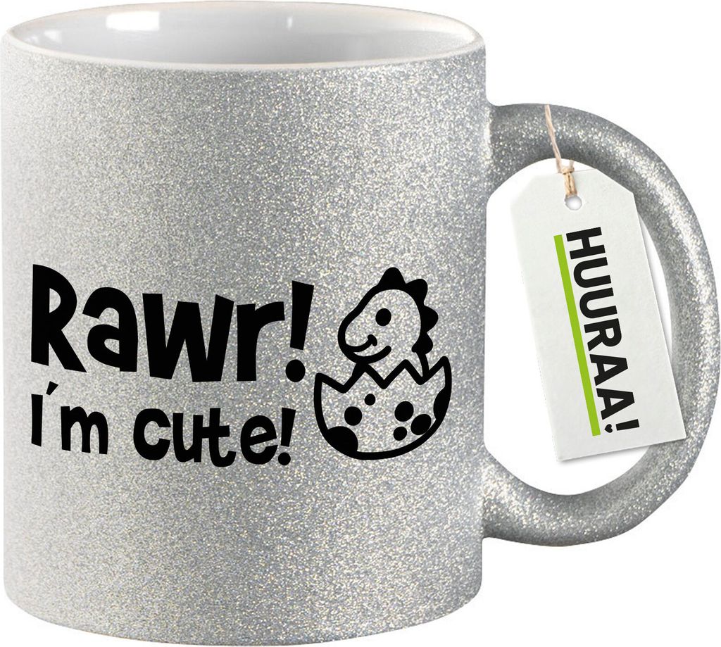 Huuraa Glitzertasse Baby Dino I`m cute 330ml Silber Keramik Kaffeebecher Geschenkidee