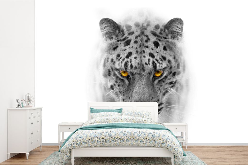 MuchoWow Fototapete für Wohnzimmer oder Schlafzimmer Wandtapete Vinyl Motivtapete Leopard - Schwarz - Weiß - Kopf - 330x220 cm - Fototapeten