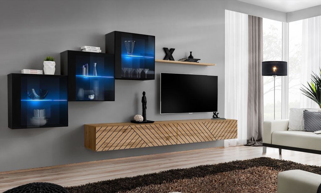 Anbauwand Wohnwand SWITCH XX Wotan mit Lamellen Hochglanz PVC Push - Click Led