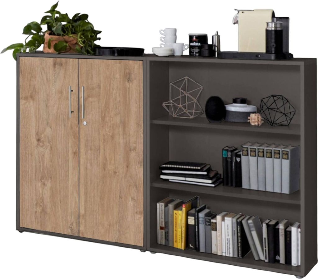 Aktenschrank TABOR 1 niedrig in anthrazit / Gold Harbo Oak, Schrankwand, Büroschrank, abschließbar, Metallgriffe