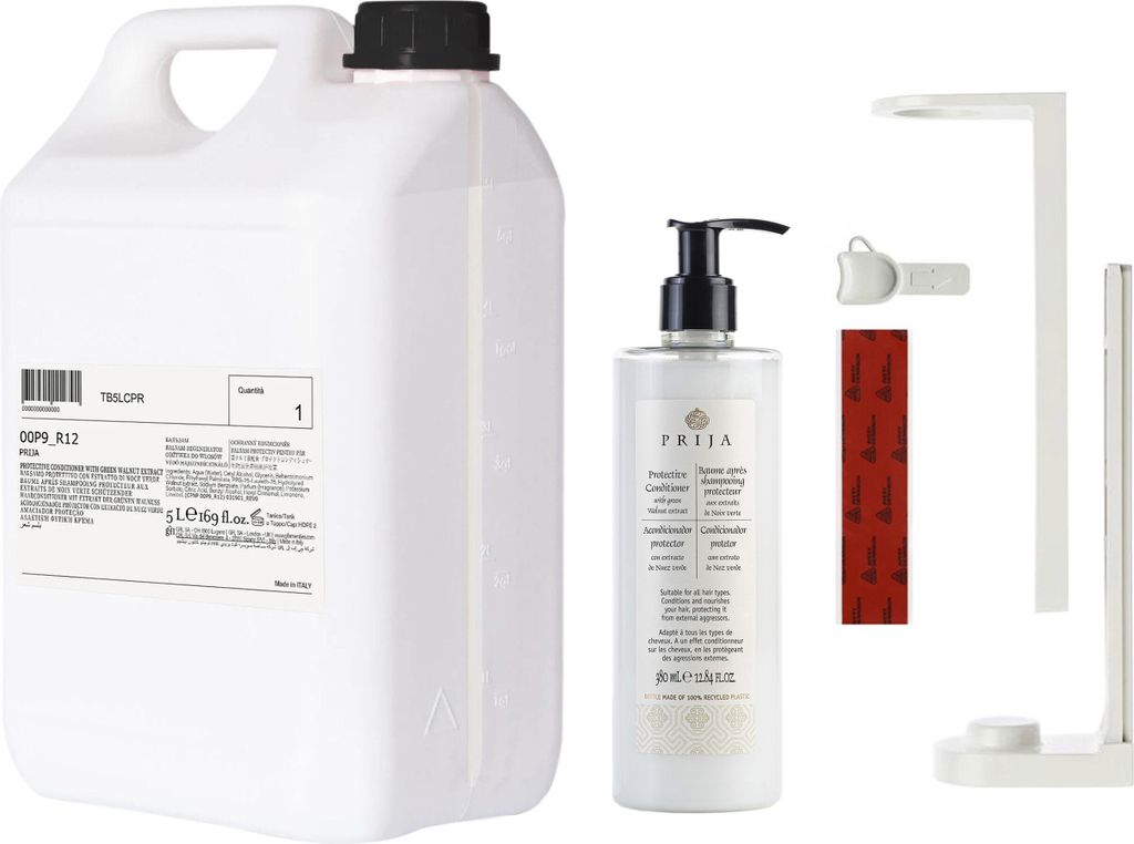 PRIJA Badezimmer-Set: weißer Flaschenhalter, 380ml Haarschutzspülung + 5l Vorrat